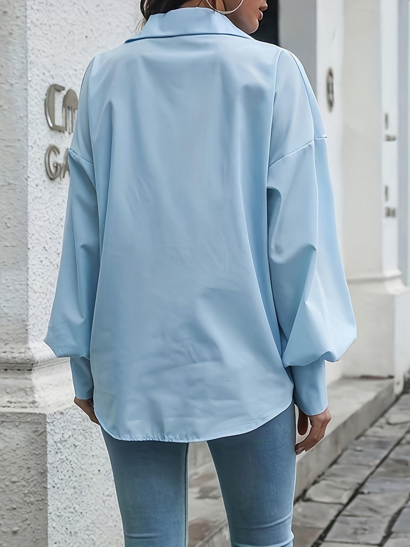 Solid Lantern Sleeve Button Up Lapel Collar Tunic Shirt Top