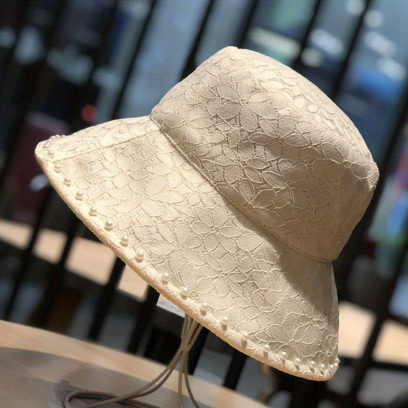 Faux Pearl Decor Bucket Hat Flower Embroidery Summer Sunshade Travel Beach Hats