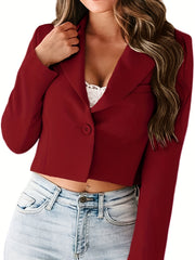 Single Button Crop Blazer Lapel Neck Long Sleeve Casual Office Blazer