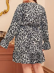 Women's Plus Leopard Print Lantern Sleeve Smock Dress