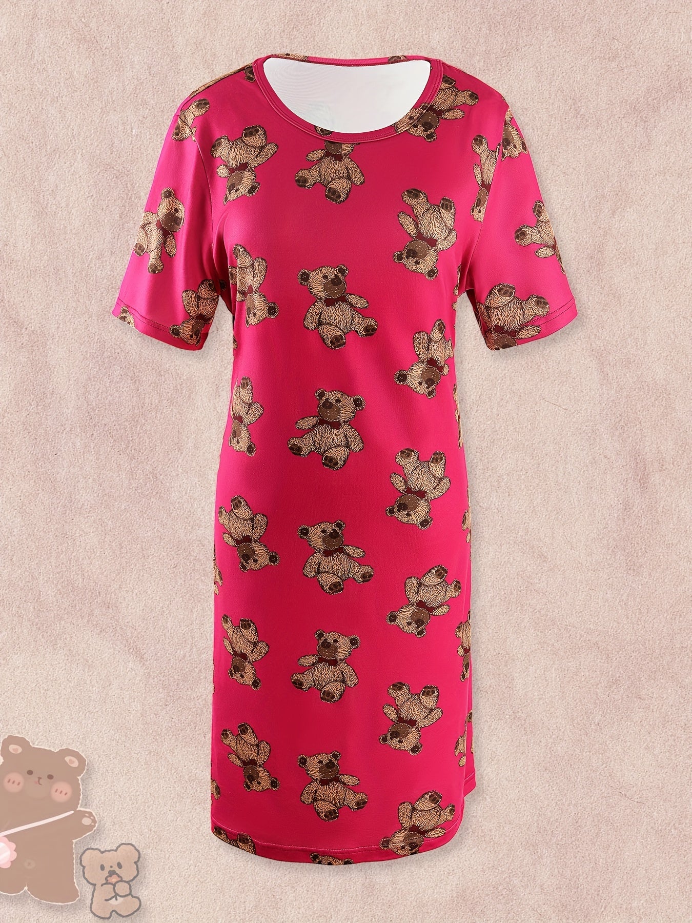 Bear Print Lounge Dress Short Sleeve Crew Neck Women's Loungewear