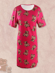Bear Print Lounge Dress Short Sleeve Crew Neck Women's Loungewear