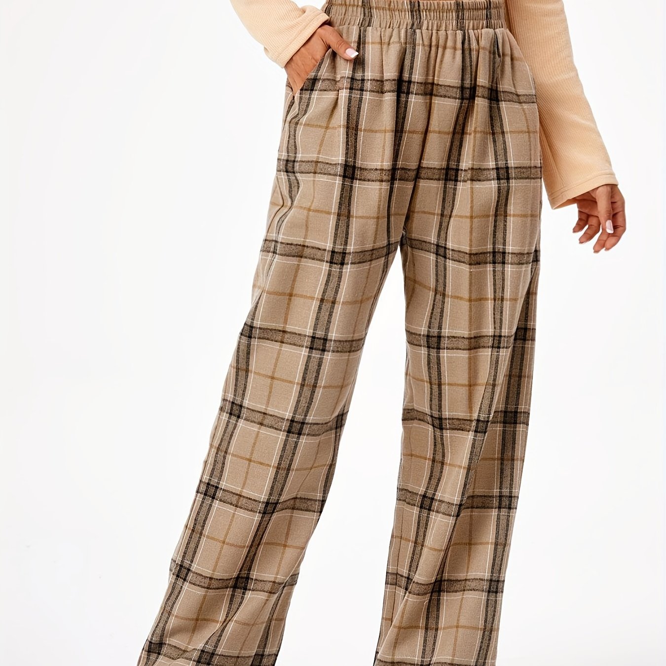 Women's Plus Plaid Print High Rise Wide Leg Pants