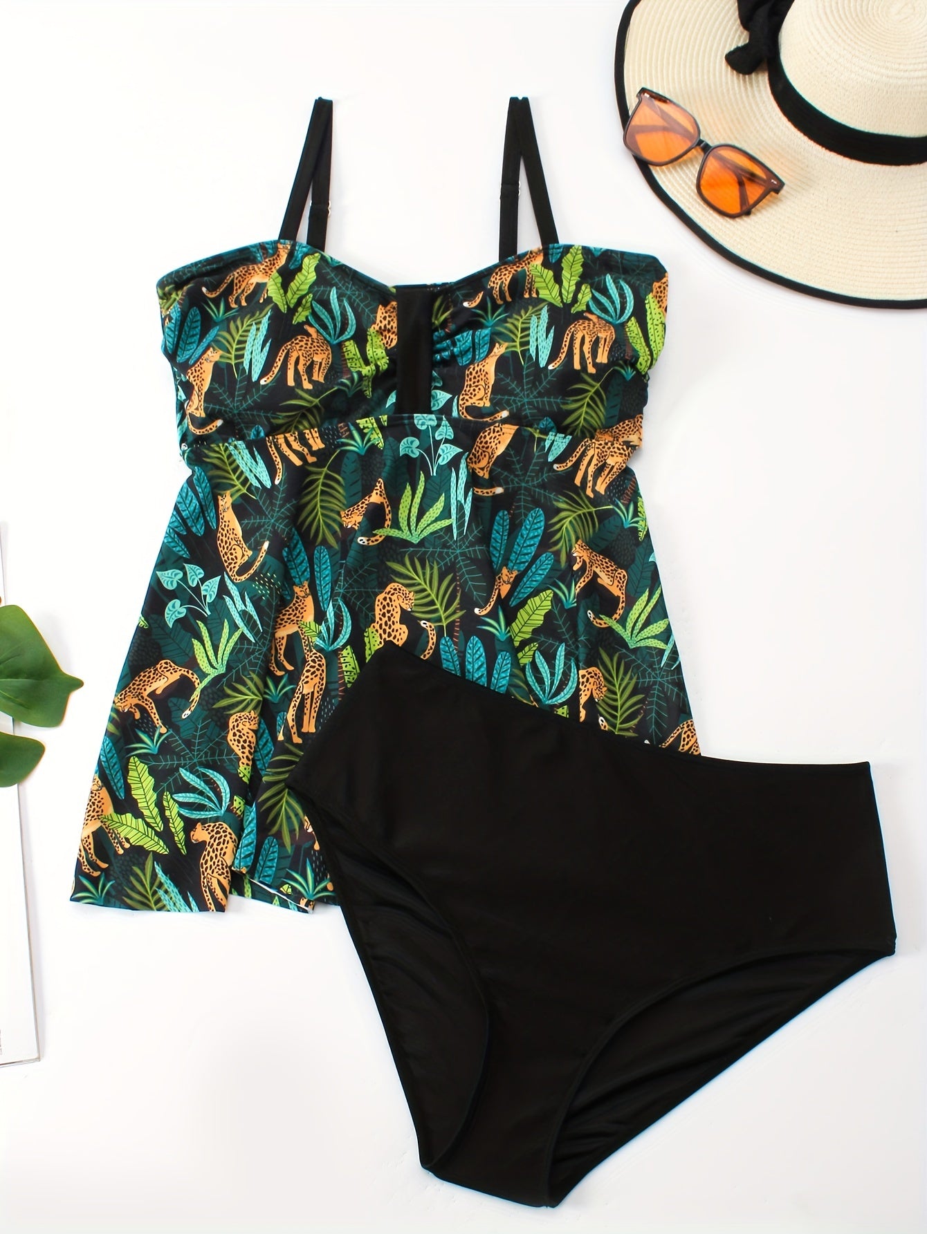  Leopard Print Tankini Set V Neck Ruched Cami Top & Panty Swimsuit