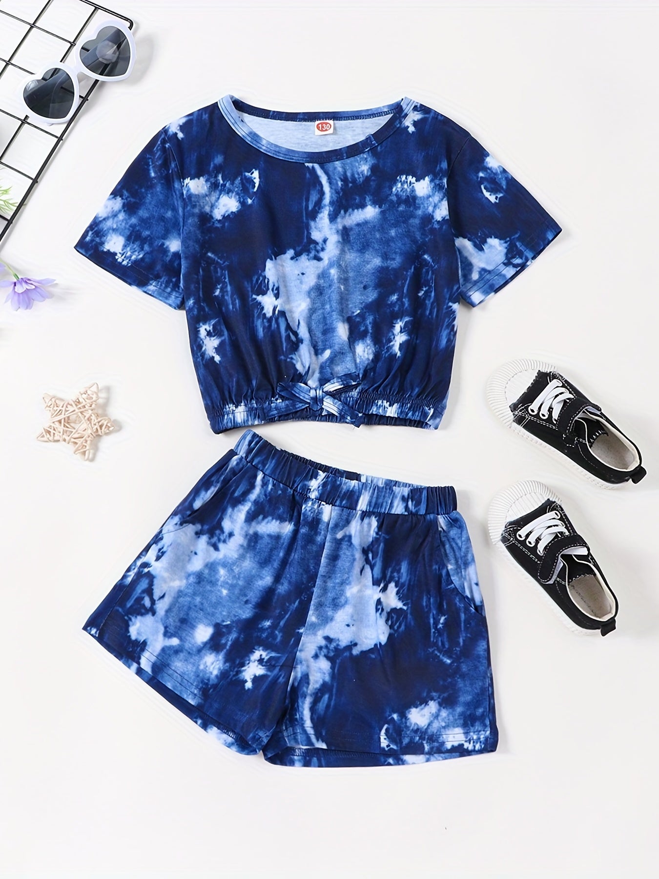 2pcs Toddler Girls Tie Dye Bow T Shirts & Shorts Set Kids Summer Clothes