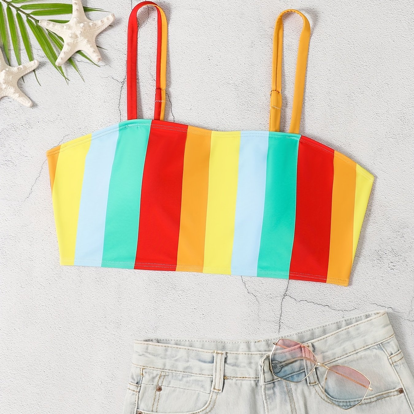 Colorblock Stripe Print Bikini Top