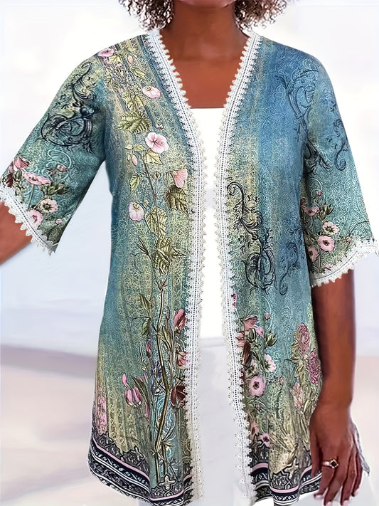  Floral Print Lace Trim Cardigan