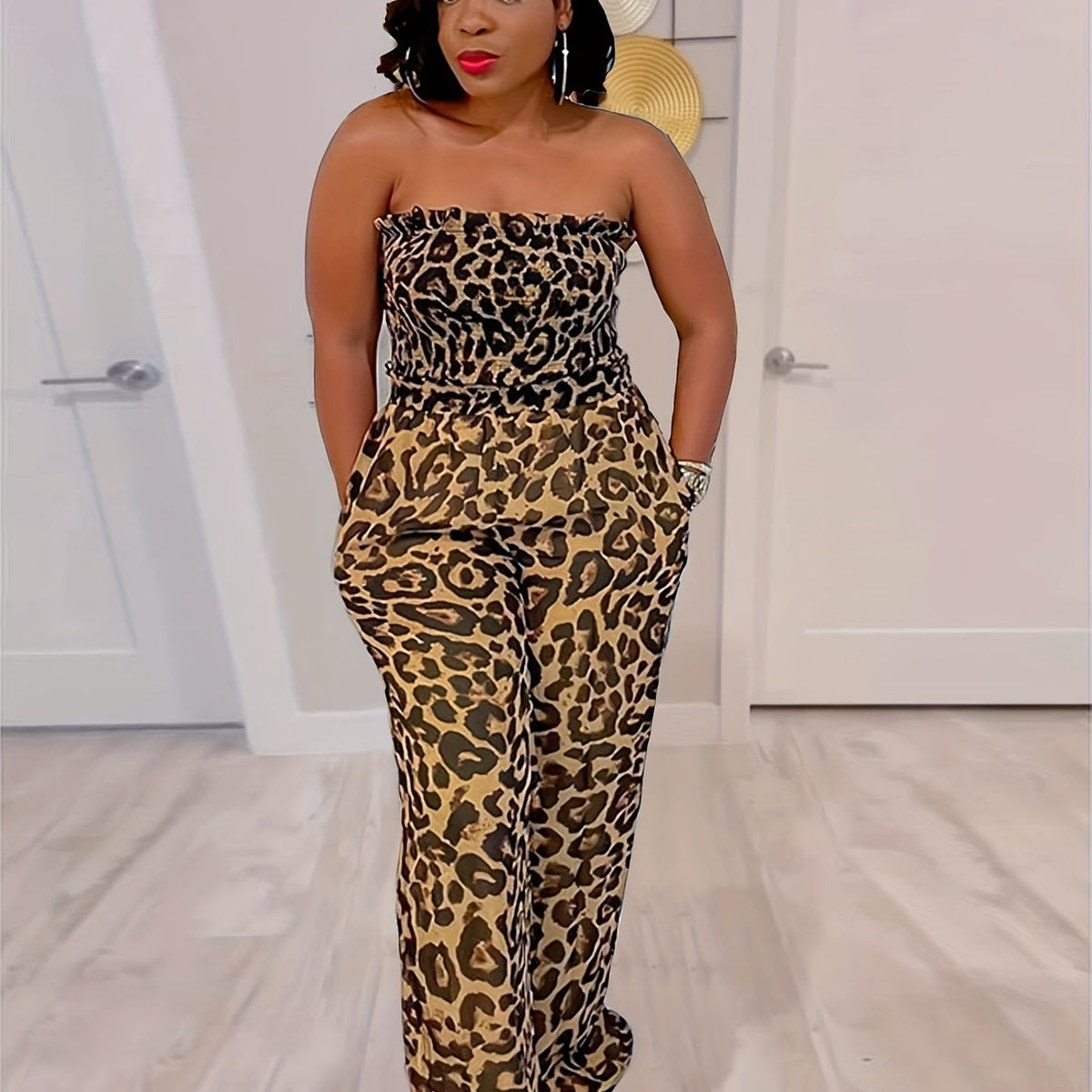 Leopard Print Wide Leg Jumpsuit Backless Sexy Jumpsuit