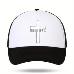 Men's Cross Believe Print Outdoor Sun Hat Breathable Net Baseball Cap