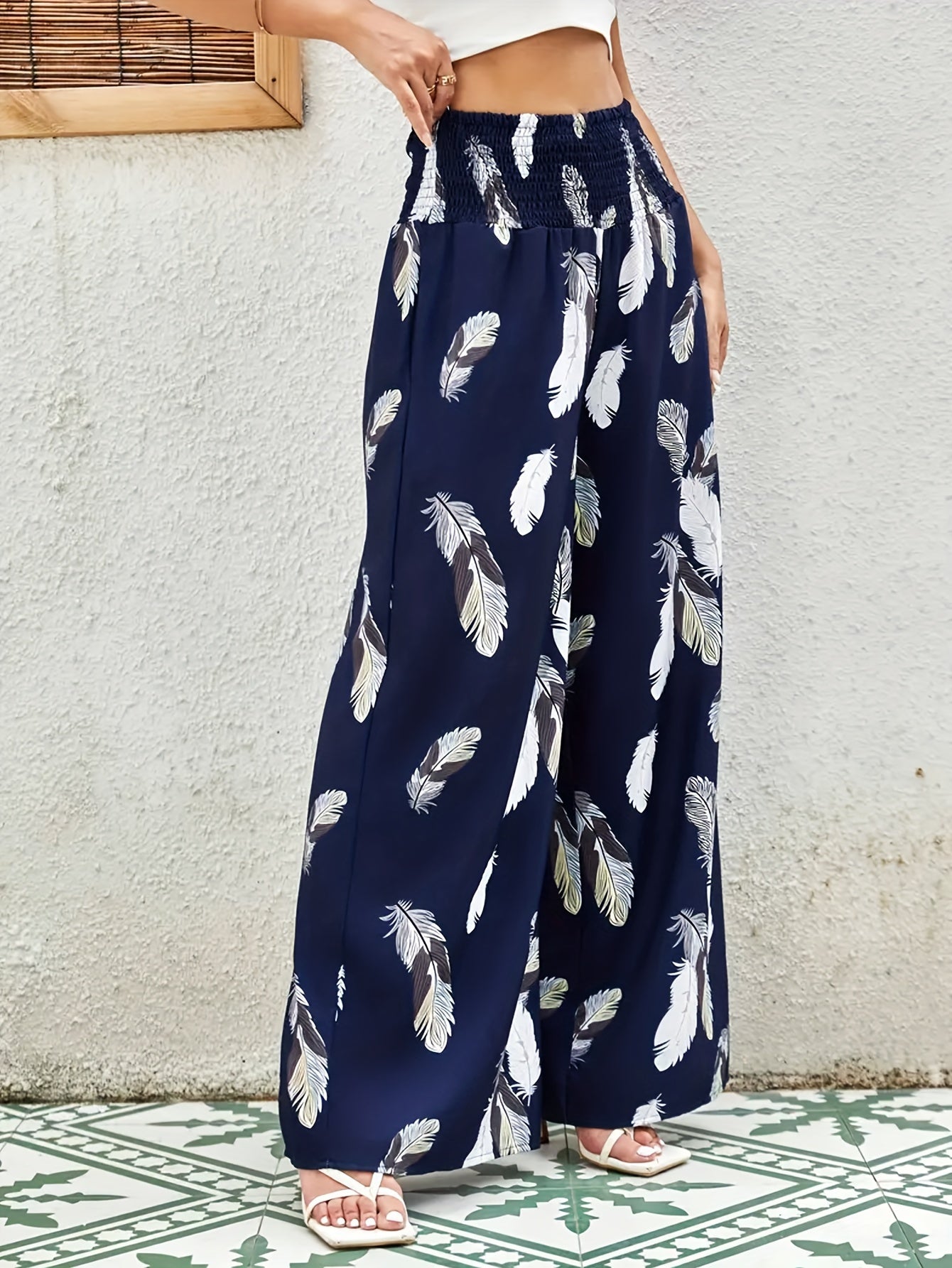  Feather Print Wide Leg Trousers