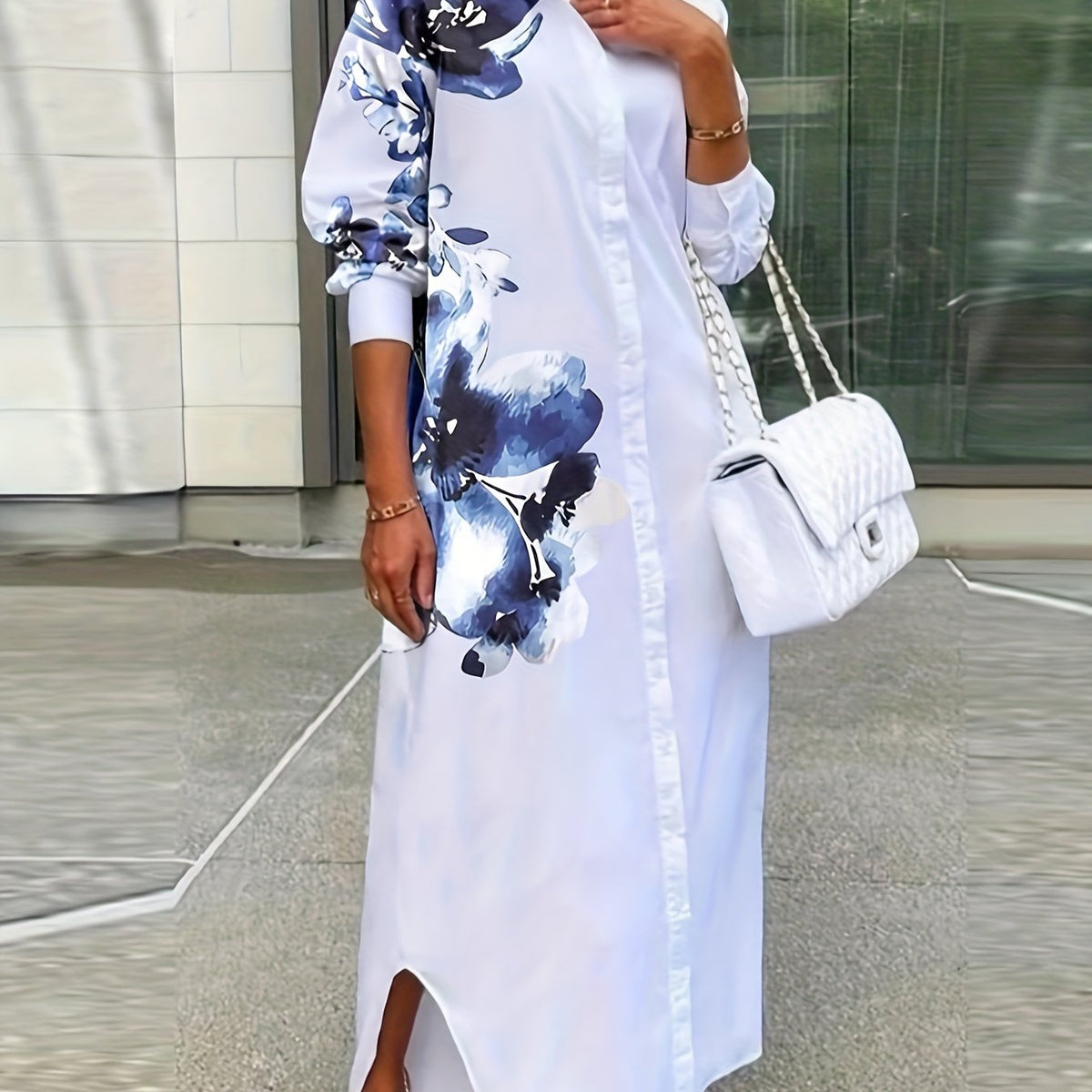  Women's Floral Print Maxi Shirt Dress