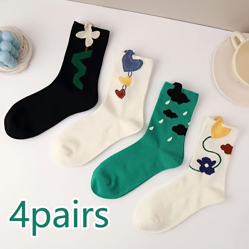 4 Pairs Heart Print Socks Soft Mid Tube Women's Stockings