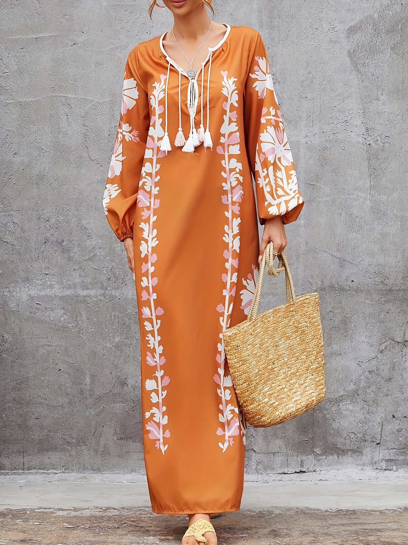 Women's Plus Floral Print Kaftan Maxi Dress with Tassel Detail