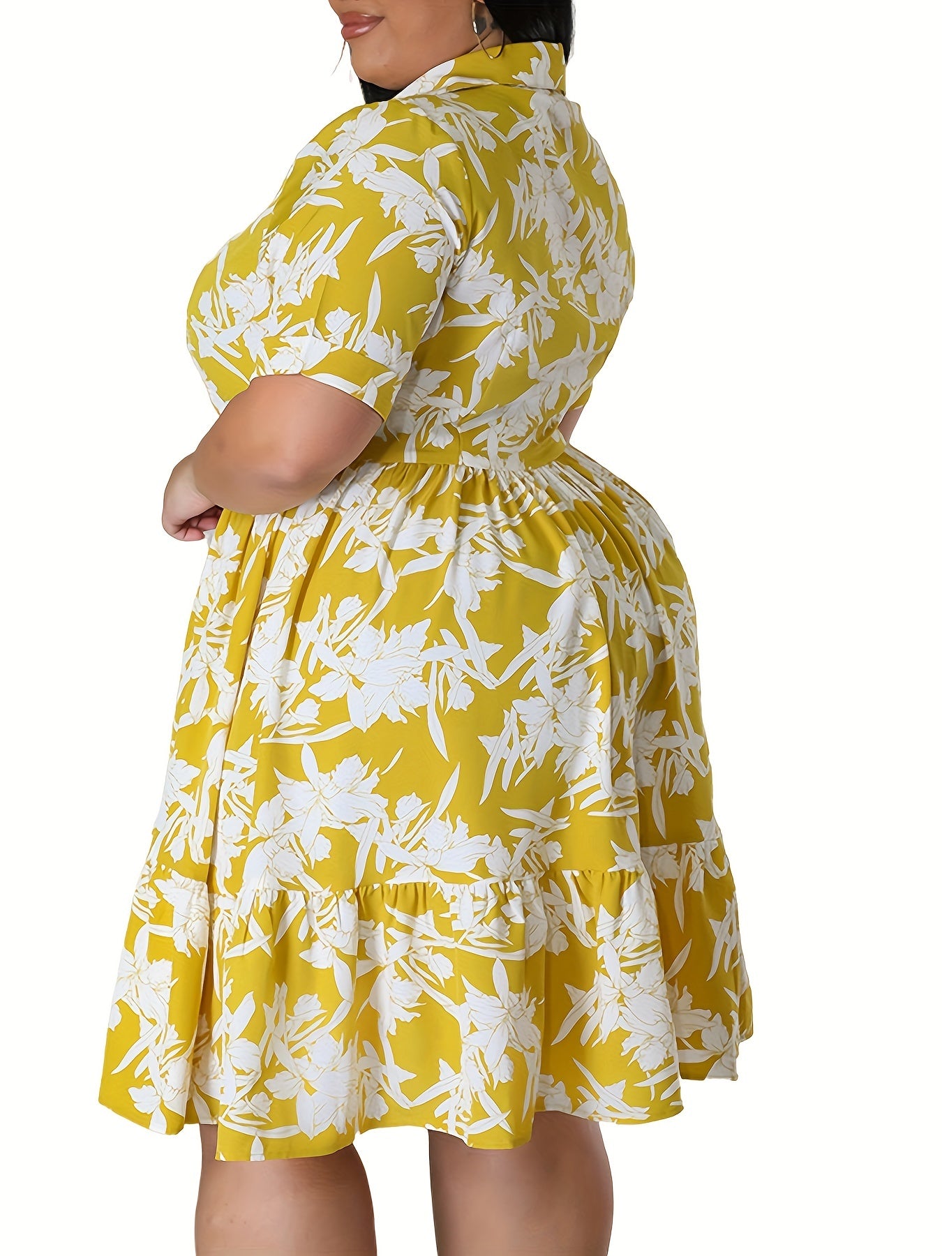  Floral Print Short Sleeve Polo Neck Shirt Dress