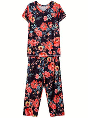 Floral Print Pajama Set V Neck Top & Lounge Pants Women's Sleepwear