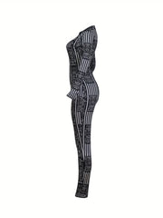Striped Zip Up Slim Jumpsuit Long Sleeve Women's Clothing