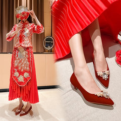 Women's Red Pearl & Rhinestone Low Heels Wedding Pumps
