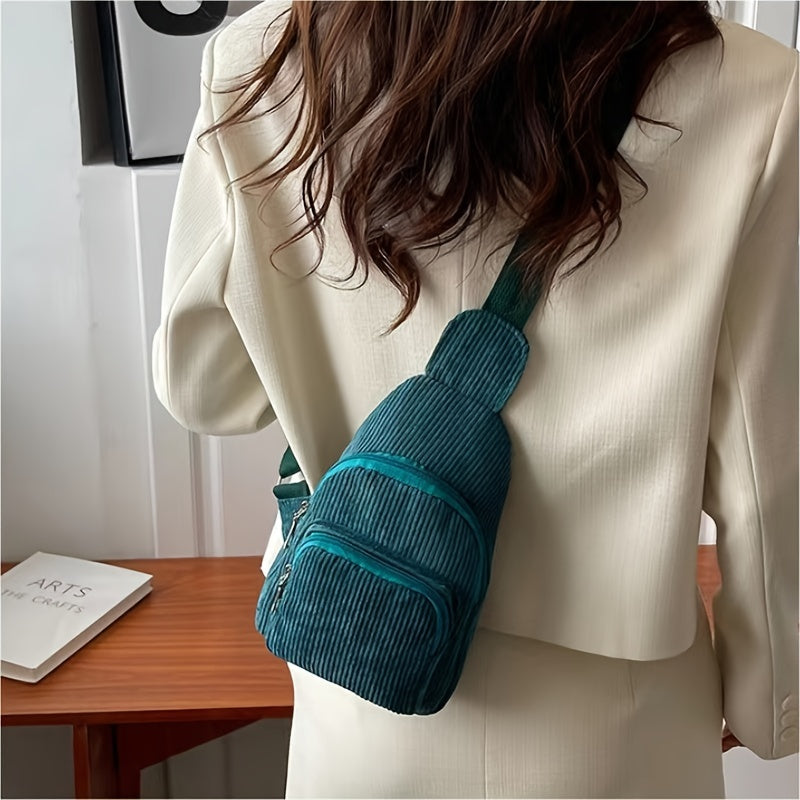 Corduroy Sling Bag Zipper Crossbody Small Chest Purse for Travel