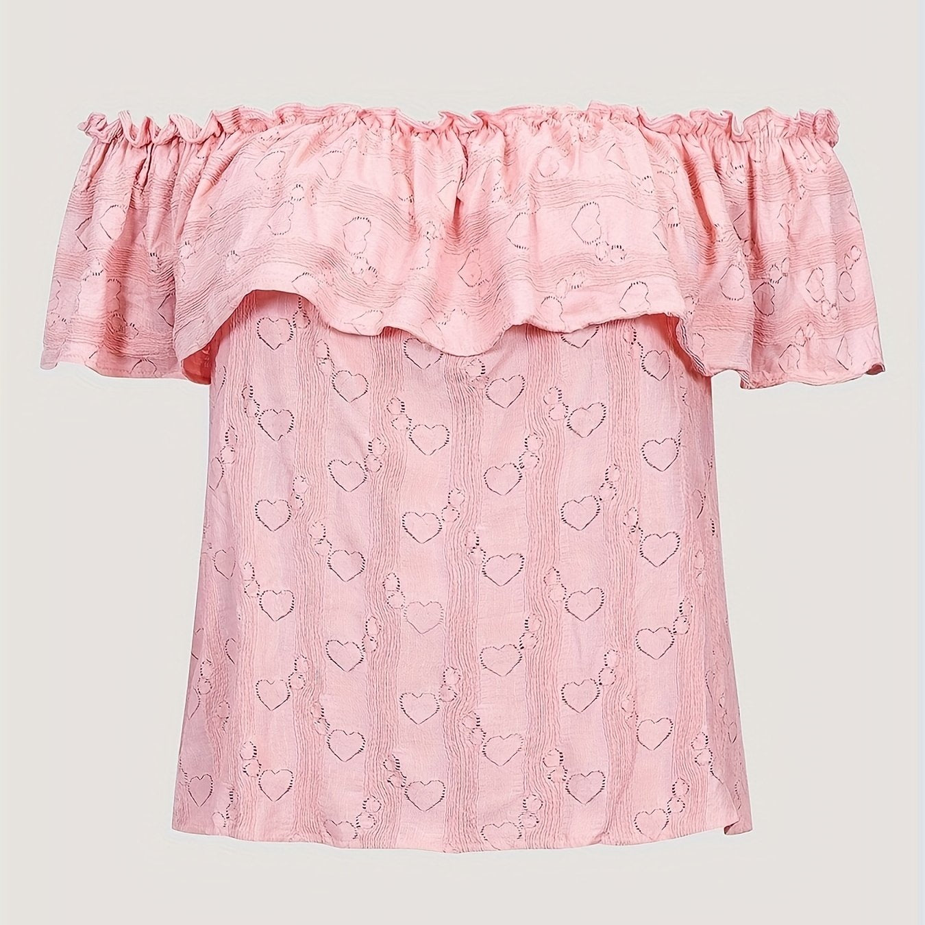  Heart Print Off Shoulder Blouse Ruffle Trim