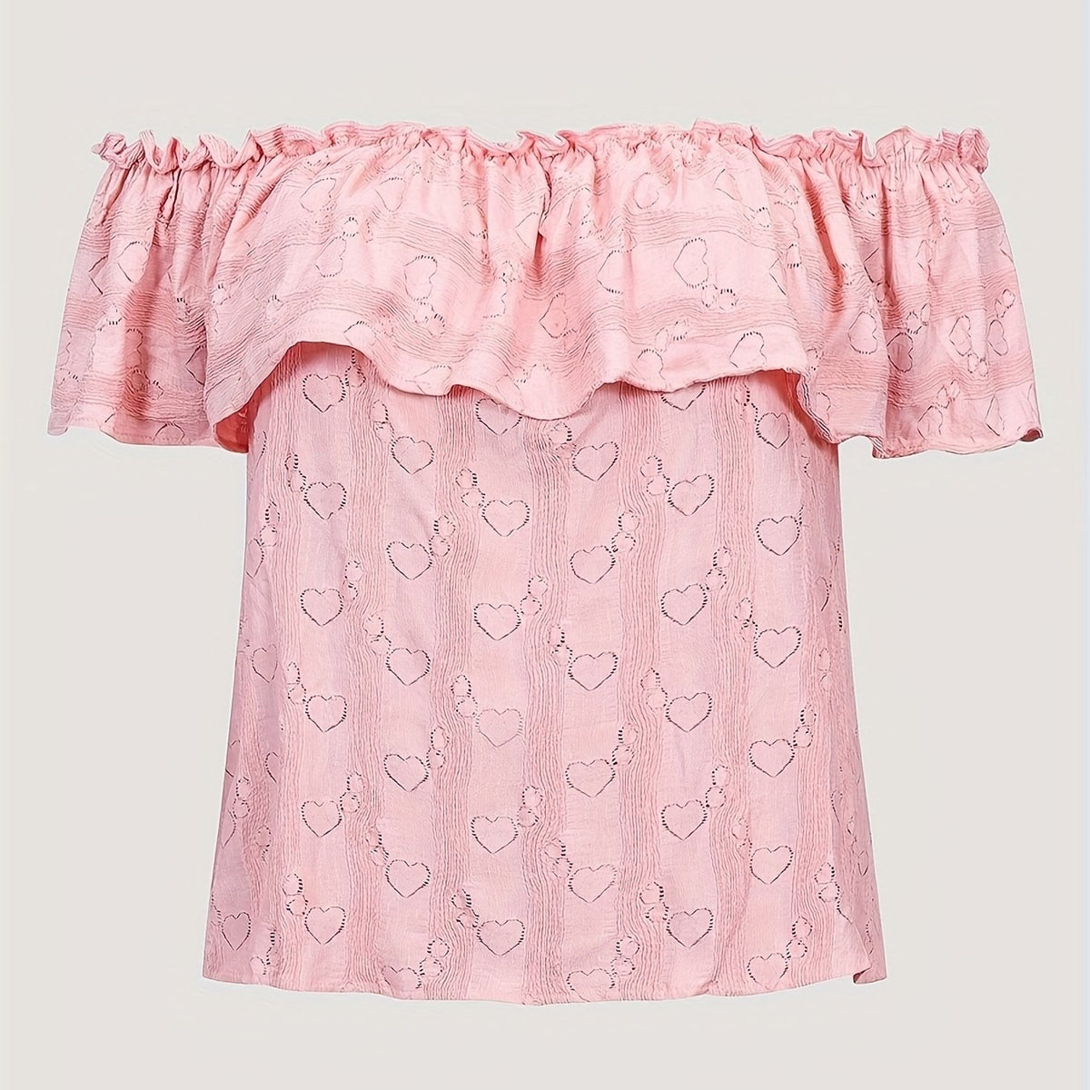  Heart Print Off Shoulder Blouse Ruffle Trim