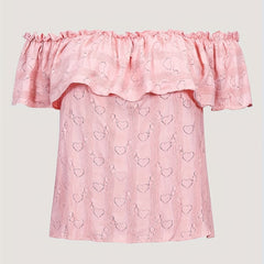  Heart Print Off Shoulder Blouse Ruffle Trim