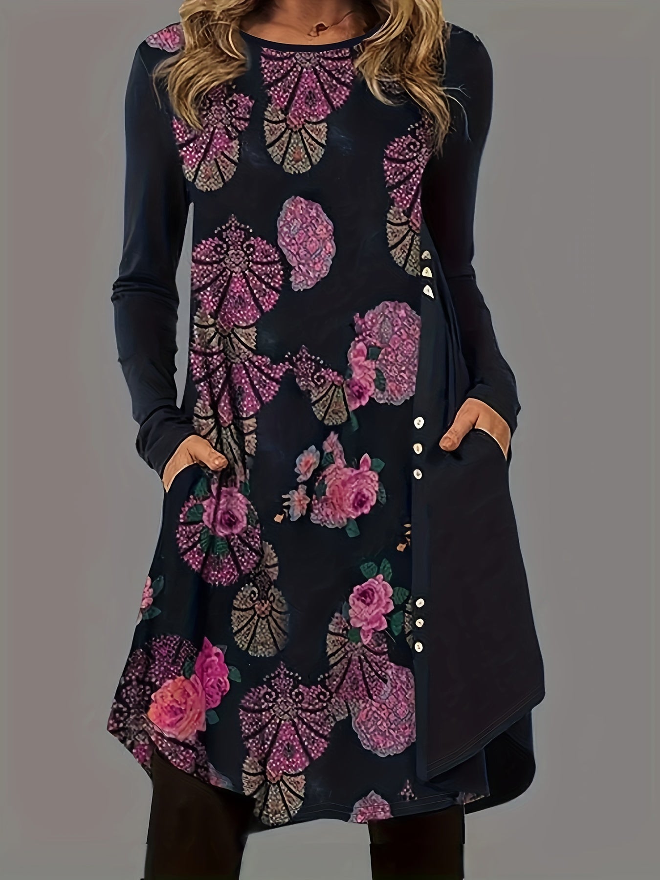  Women's Graphic Print Long Sleeve Dress With Pockets