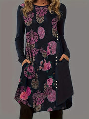  Women's Graphic Print Long Sleeve Dress With Pockets