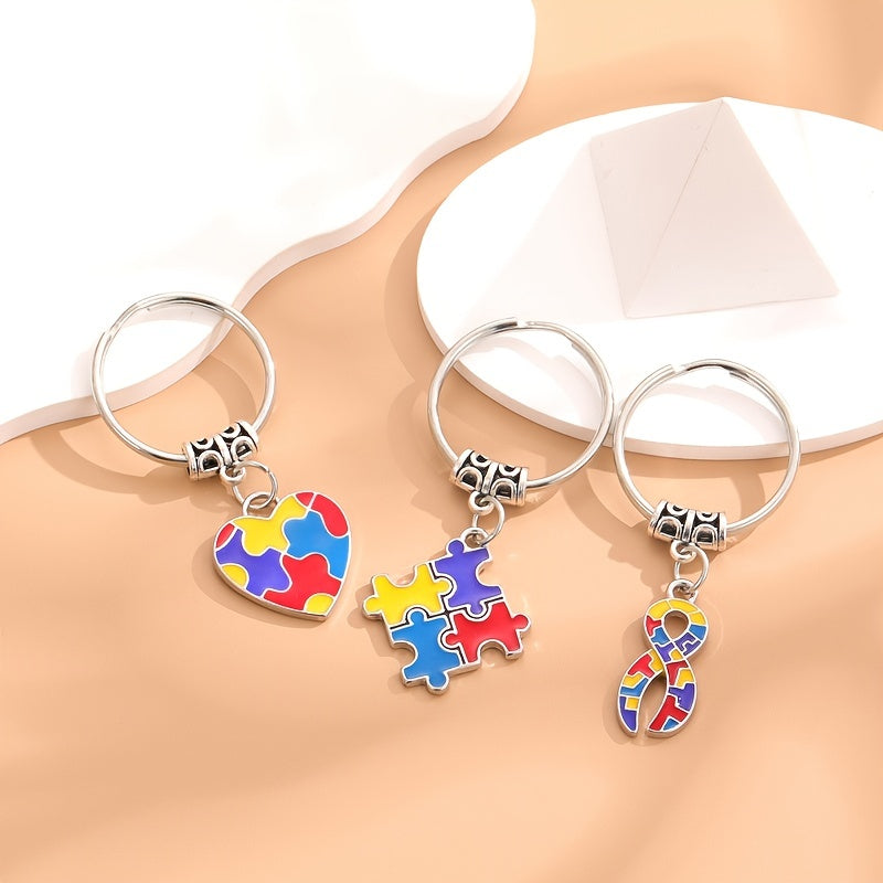 Metal Keychain Diy Four Peach Hearts Squares Ribbon Puzzle Car Keychain