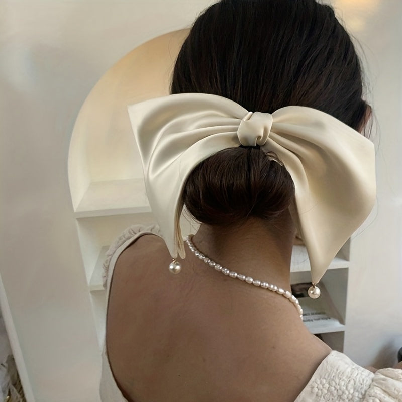 Large Satin Bow Hair Clip With Faux Pearl Tassel Style Barrette
