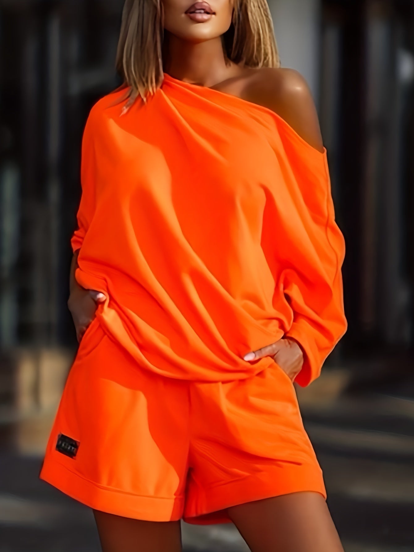 Casual Two Piece Set Slanted Shoulder Short Sleeve Tops & Wide Leg Shorts