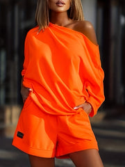 Casual Two Piece Set Slanted Shoulder Short Sleeve Tops & Wide Leg Shorts