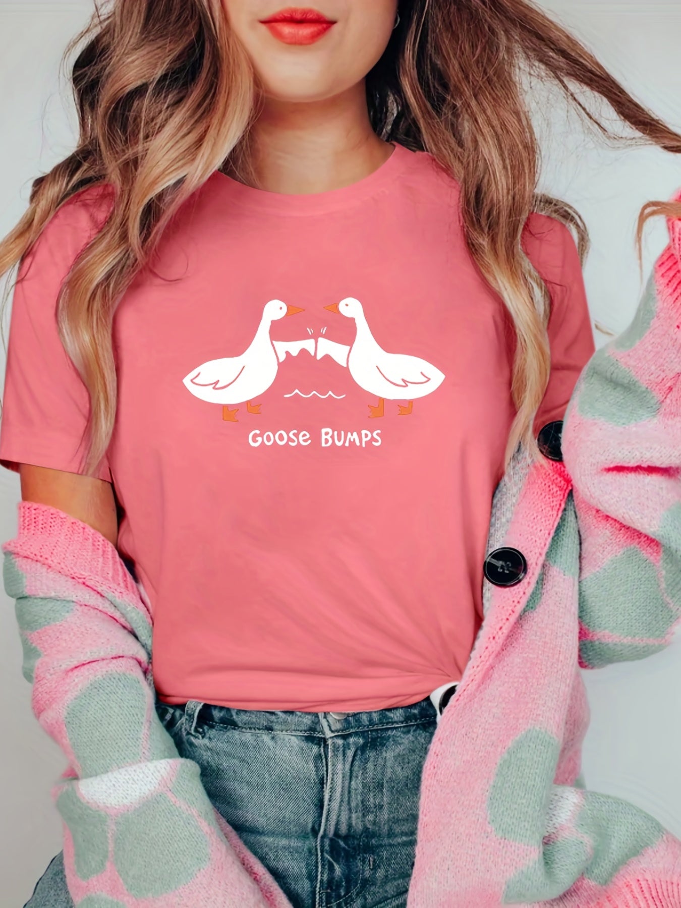 Women's Crew Neck T-Shirt with Goose Bump Pattern