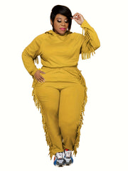  Fringe Trim Hoodie Sweatshirt & Pants Set