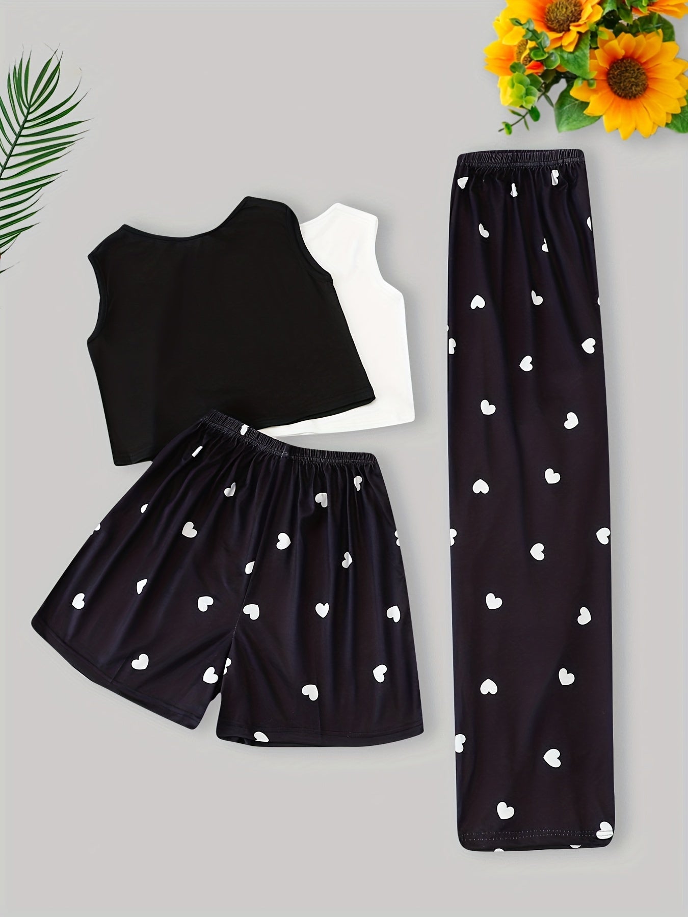 Heart Print Pajama Set Crew Neck Tank Tops & Shorts & Lounge Pants