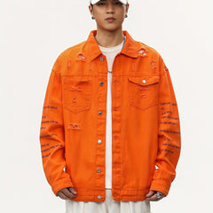 Men's Raw Trim Letter Print Denim Jacket for Spring Fall