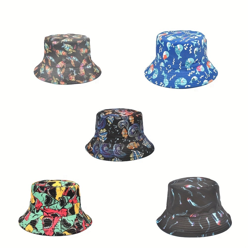 Marine Life Print Bucket Hat UV Protection Sunscreen