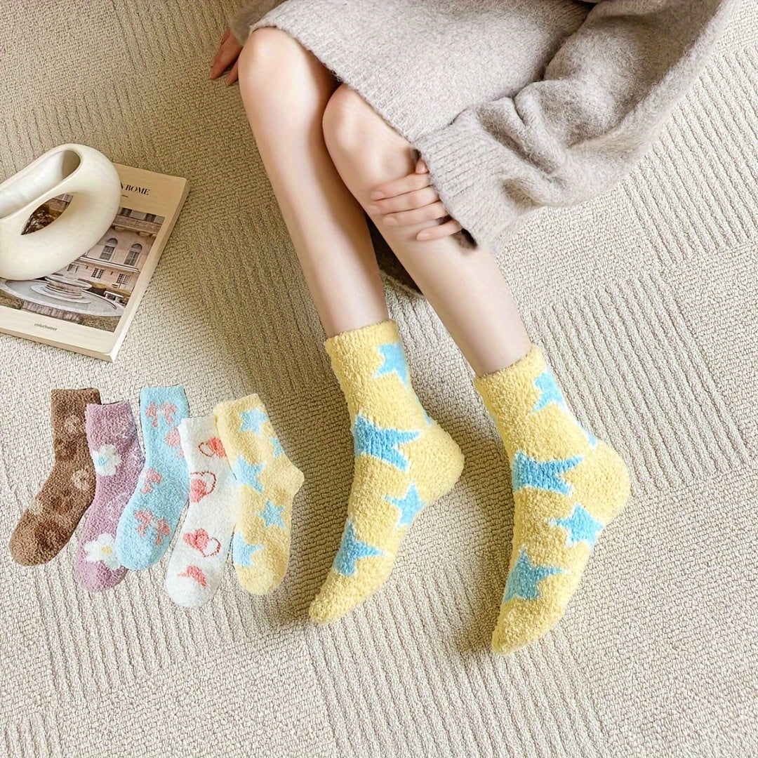 Star & Bow Plush Socks Soft Mid Tube Women's Stockings Hosiery
