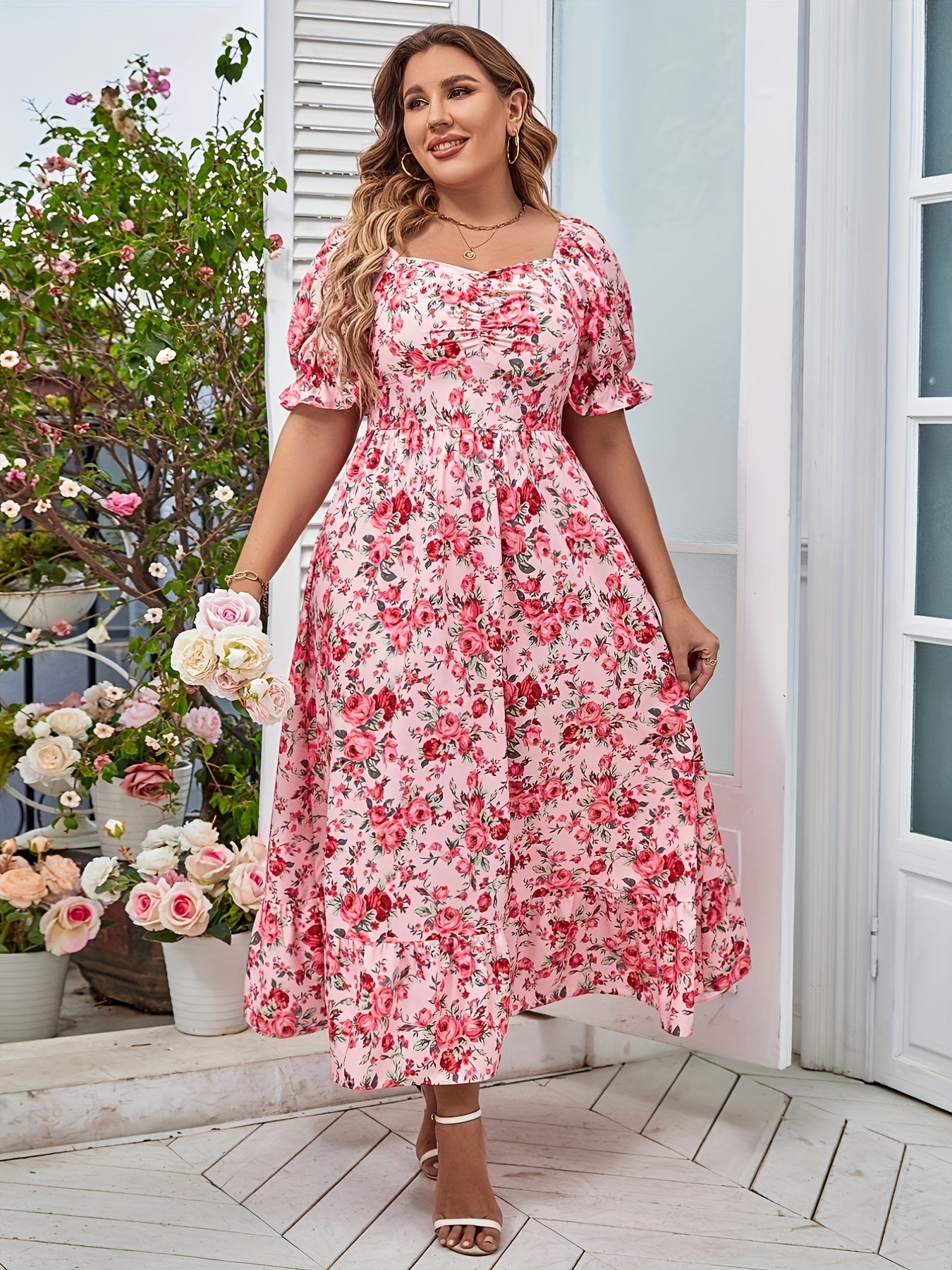 Floral Print Bubble Sleeve Sweetheart Neck Plus Size Dress