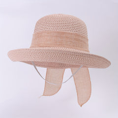 Straw Bucket Hat Bowknot Ribbon Solid Summer Beach Hat