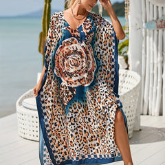 Leopard & Floral Print V Neck Maxi Cover Up Dress