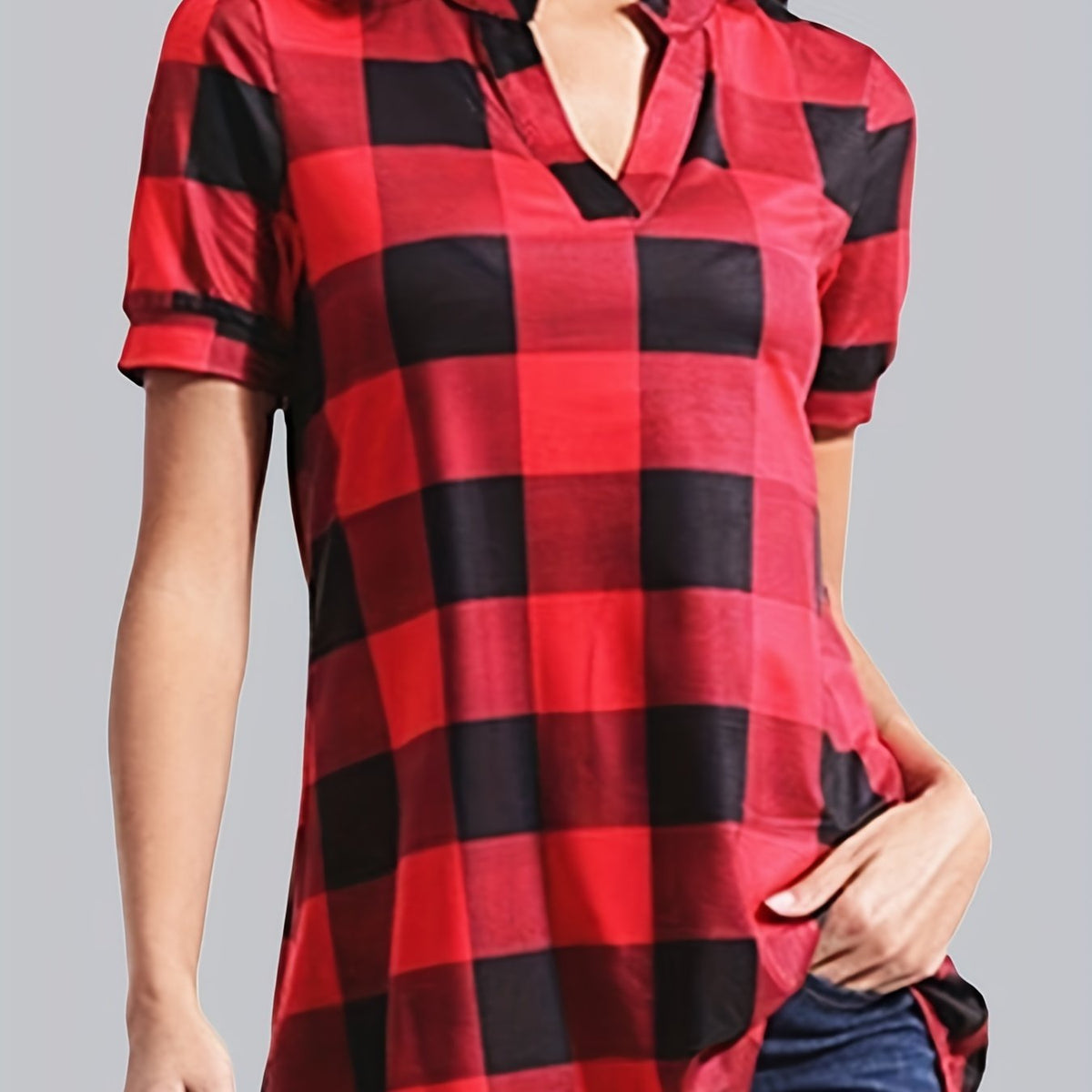  Gingham Print Short Sleeve Blouse Notched Neck Top
