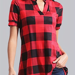  Gingham Print Short Sleeve Blouse Notched Neck Top