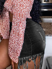  Fringe Trim High Rise Denim Shorts Women's Plus Casual Shorts