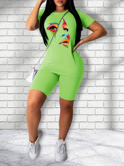 Abstract Face Print T shirt & Slim Shorts Set