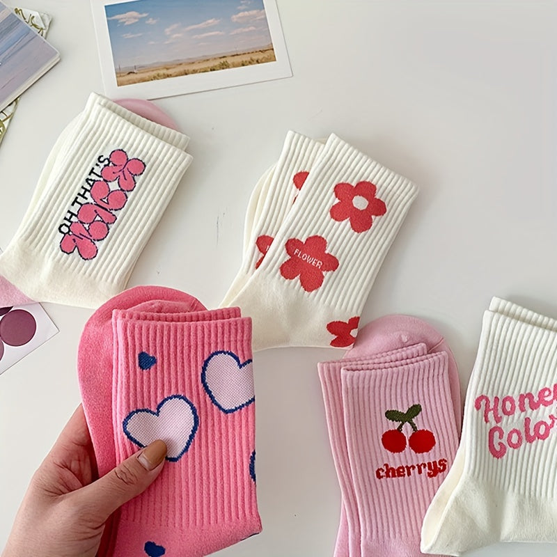 5 Pairs Letter & Heart Print Socks Women's Stockings