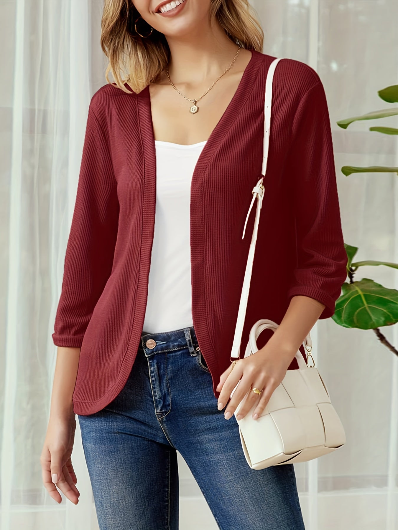  Solid Three Quarter Sleeve Open Front Waffle Knit Cropped Cardigan