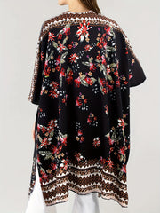  Border Floral Print Batwing Sleeve Beach Cover Up