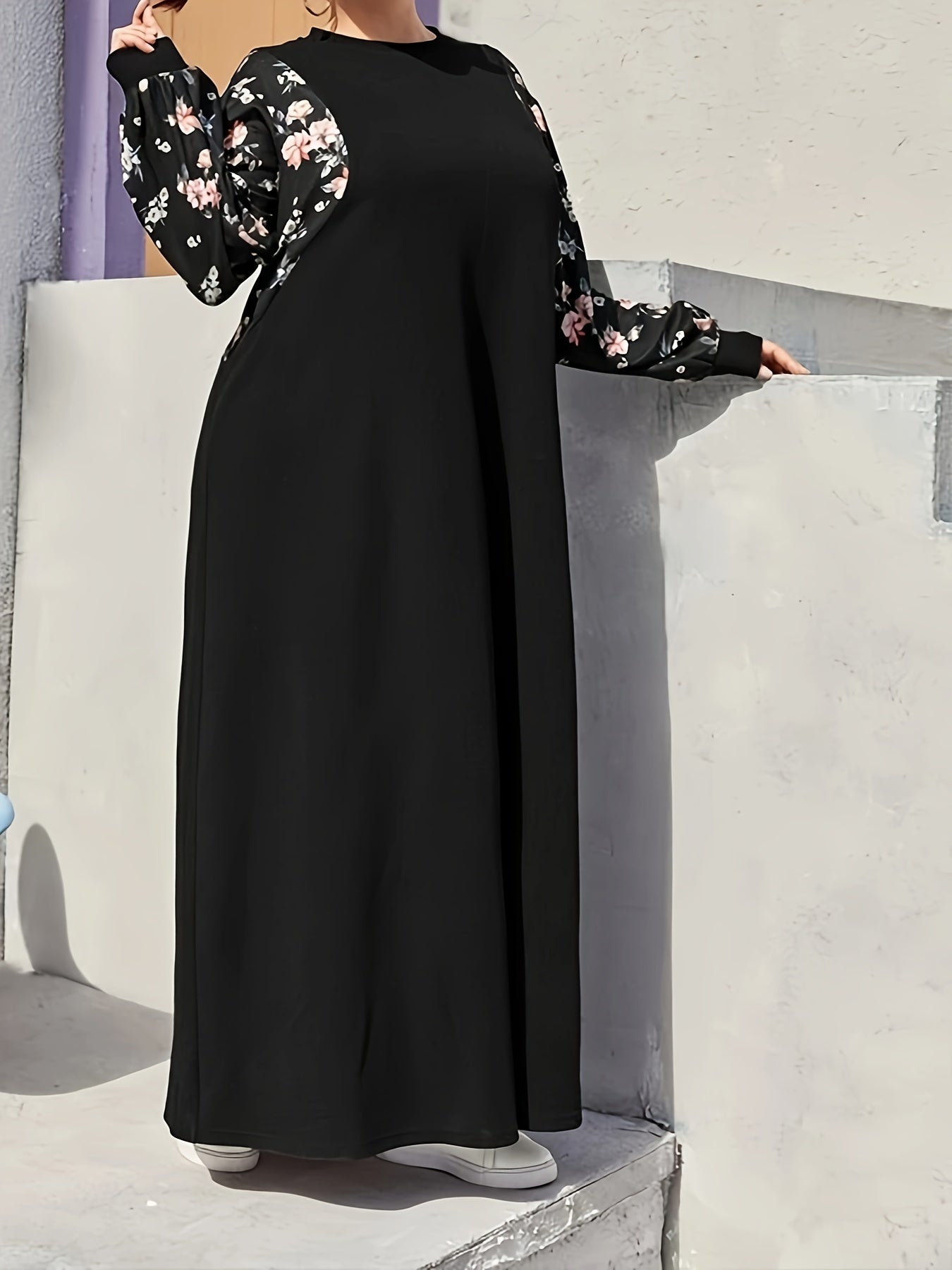  Colorblock Floral Print Abaya Dress