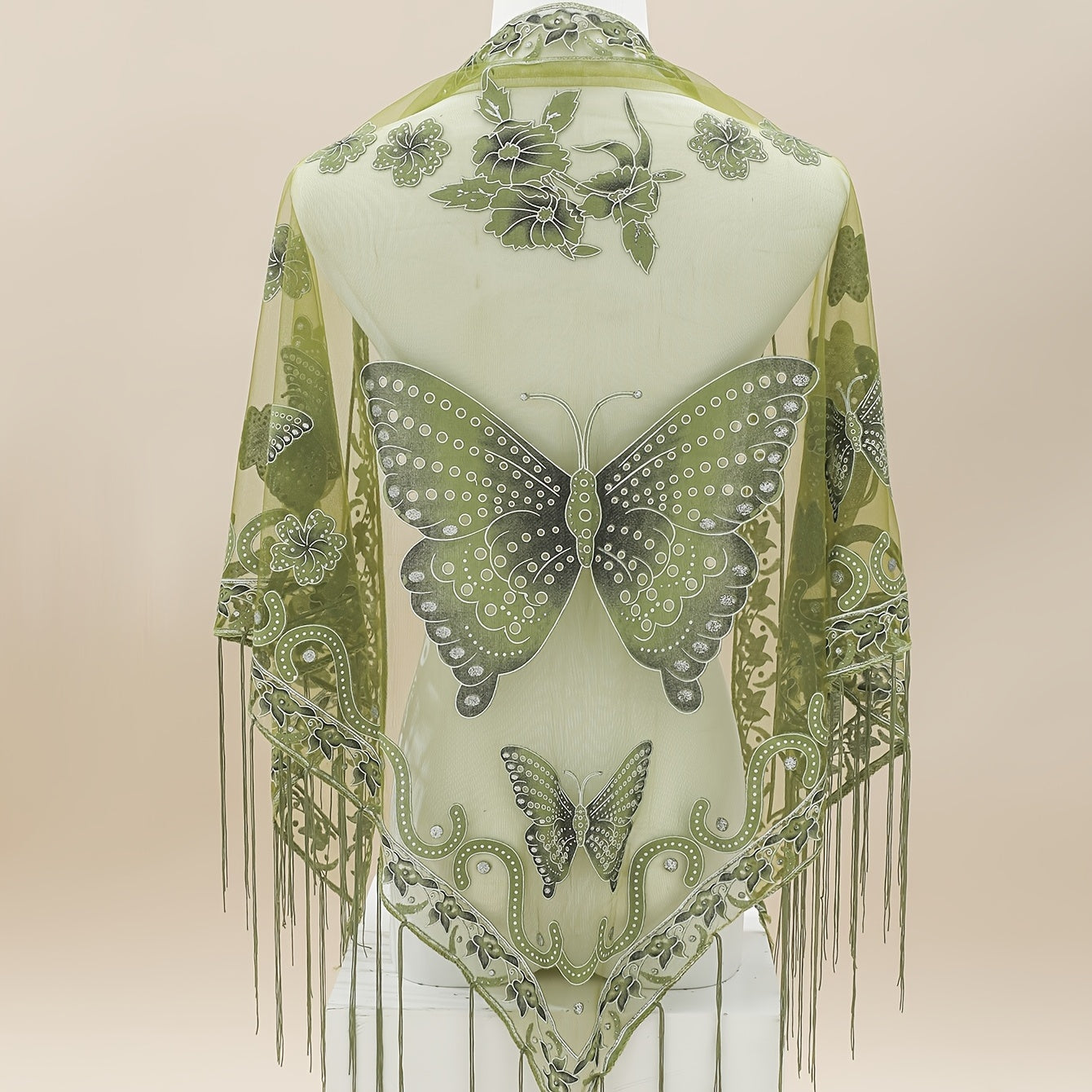 Triangle Scarf Butterfly Flower Embroidery Lace Tassel Shawl