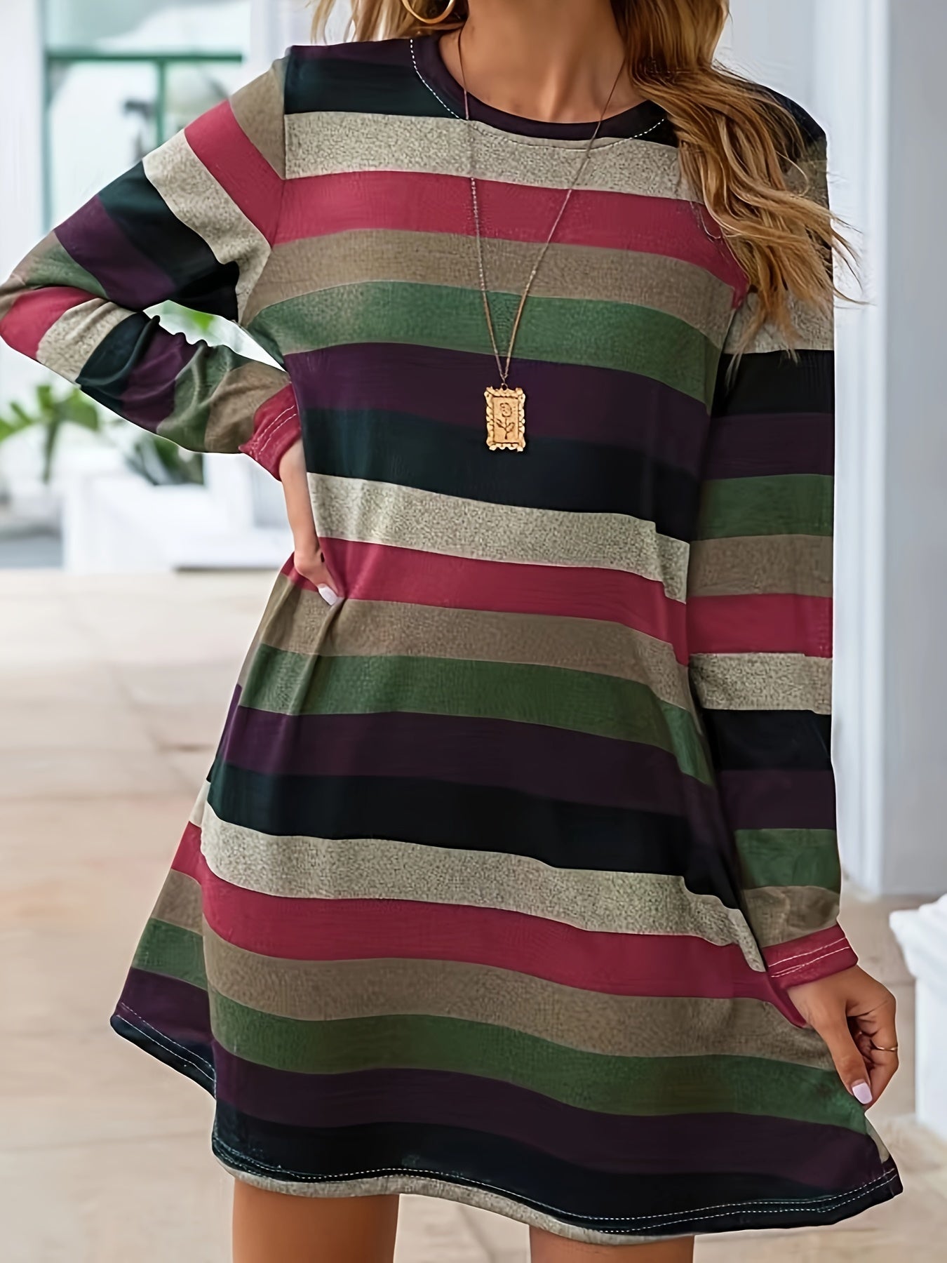  Stripe Print Long Sleeve Round Neck Loose Fit Dress